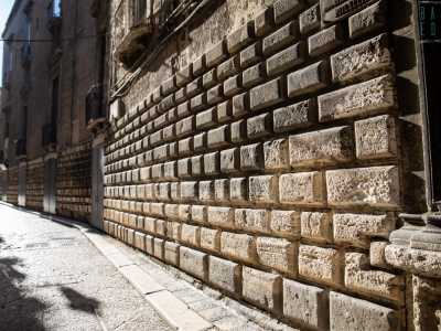 Tutto il piano terra � caratterizzato da un bugnato isodomo composto da cuscinetti rettangolari in pietra: un elemento architettonico raro nella citt� vecchia
